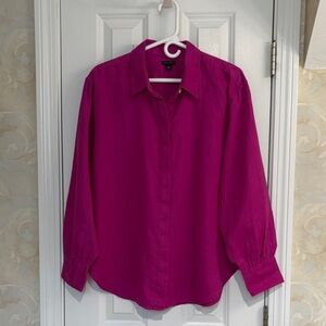 Ann Taylor Vibrant Raspberry Oversize 100% Linen Button-Up Shirt